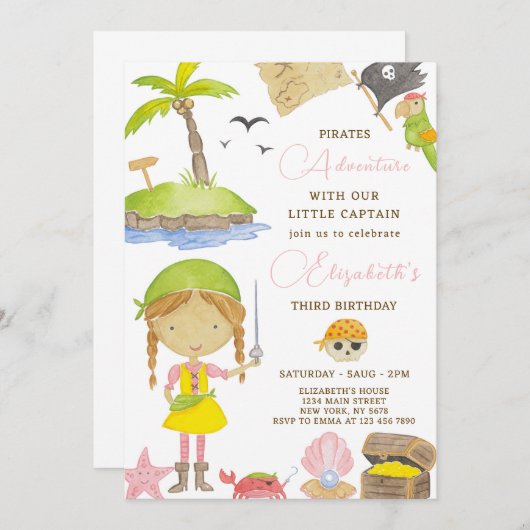 Meisje Pirate Verjaardag Uitnodiging (Voorkant / Achterkant)