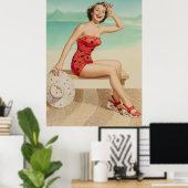 Meisje plezier op het strand pin-up kunst poster (Thuiskantoor)
