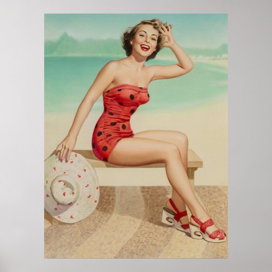 Meisje plezier op het strand pin-up kunst poster (Voorkant)