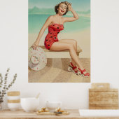 Meisje plezier op het strand pin-up kunst poster (Keuken)