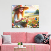 Meisje plukken bloemen gestrekte canvas Print (Insitu (Woonkamer))