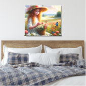 Meisje plukken bloemen gestrekte canvas Print (Insitu (Slaapkamer))