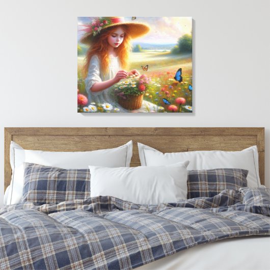 Meisje plukken bloemen gestrekte canvas Print (Insitu (Slaapkamer))