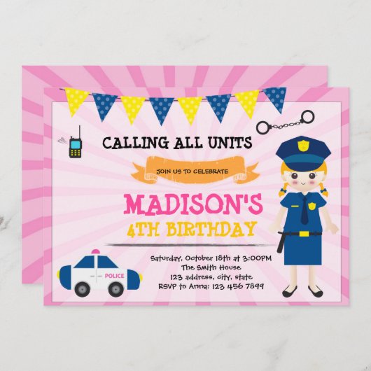 Meisje politieagent verjaardag uitnodiging (Voorkant / Achterkant)