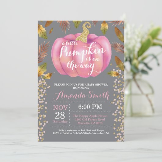 Meisje Pompoen Herfst Baby Shower Gouden Glitters Kaart (Staand voorkant)