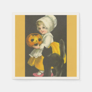 Meisje, Pompoen, Kat Vintage Halloween Papieren Se Servet