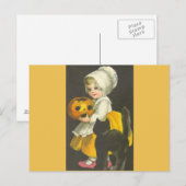Meisje Pompoen Zwart Kat  Halloween Briefkaart (Voorkant / Achterkant)