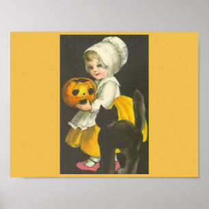 Meisje Pompoen Zwarte Kat Vintage Halloween Poster