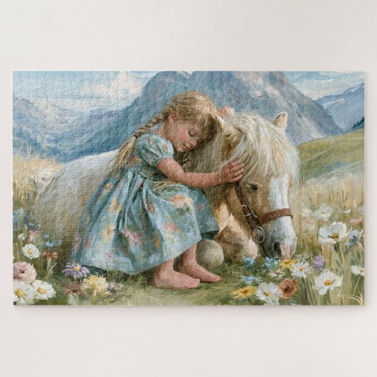 Meisje Pony Bergen Weide Schilderij Legpuzzel (Horizontaal)