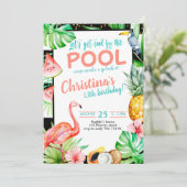 Meisje Pool Party Verjaardag Tropische Flamingo Kaart (Staand voorkant)