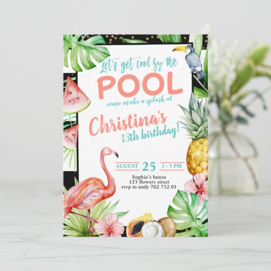 Meisje Pool Party Verjaardag Tropische Flamingo Kaart (Staand voorkant)