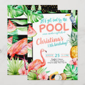 Meisje Pool Party Verjaardag Tropische Flamingo Kaart (Voorkant / Achterkant)