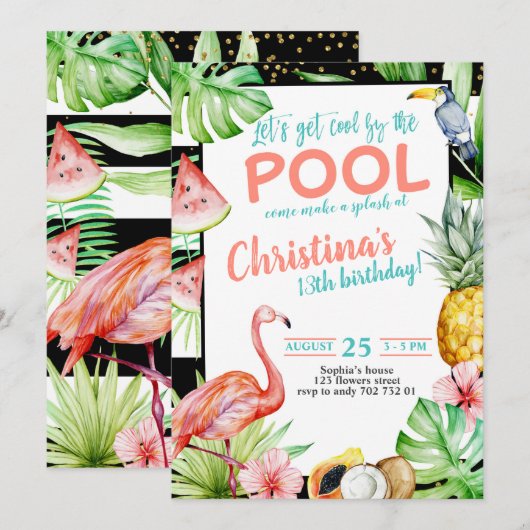 Meisje Pool Party Verjaardag Tropische Flamingo Kaart (Voorkant / Achterkant)