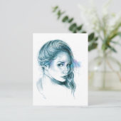 Meisje portret potlood tekening Blauw Briefkaart (Staand voorkant)