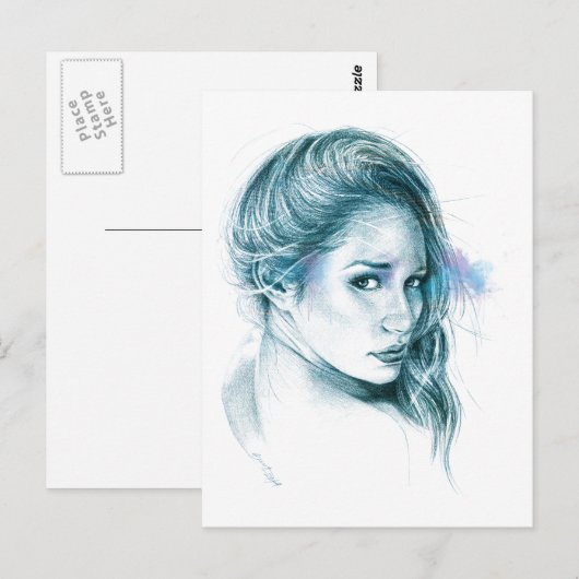 Meisje portret potlood tekening Blauw Briefkaart (Voorkant / Achterkant)