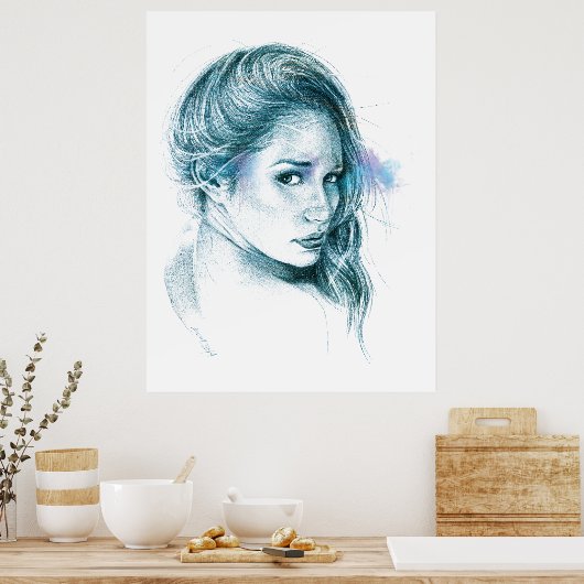 Meisje portret potlood tekening Blauw Poster (Keuken)
