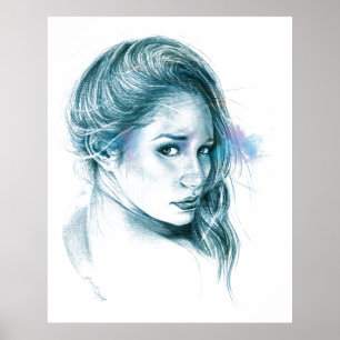 Meisje portret potlood tekening Blauw Poster