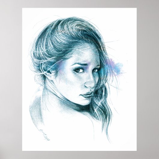 Meisje portret potlood tekening Blauw Poster (Voorkant)