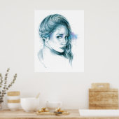 Meisje portret potlood tekening Blauw Poster (Keuken)