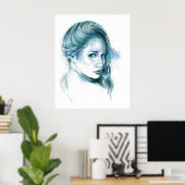 Meisje portret potlood tekening Blauw Poster (Thuiskantoor)