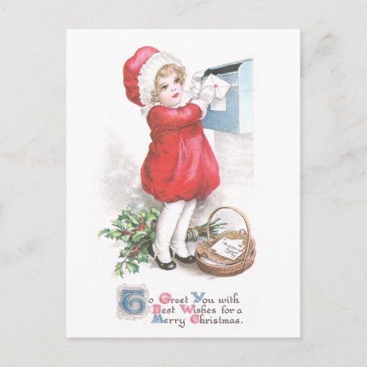 Meisje Posting Brieven Vintage Kerstmis Feestdagenkaart (Voorkant)