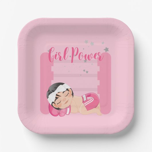 Meisje power roze papieren bordje (Voorkant)