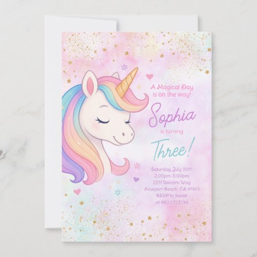 Meisje Rainbow Unicorn Verjaardagsfeestje Uitnodig Kaart (Voorkant)