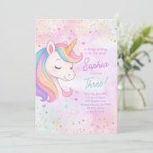 Meisje Rainbow Unicorn Verjaardagsfeestje Uitnodig Kaart (Staand voorkant)