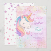 Meisje Rainbow Unicorn Verjaardagsfeestje Uitnodig Kaart (Voorkant / Achterkant)