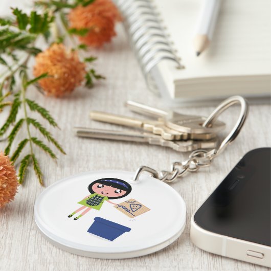 Meisje Recycling Pizza Box Fun Eco-vriendelijk Sleutelhanger (Voorkant Rechts)