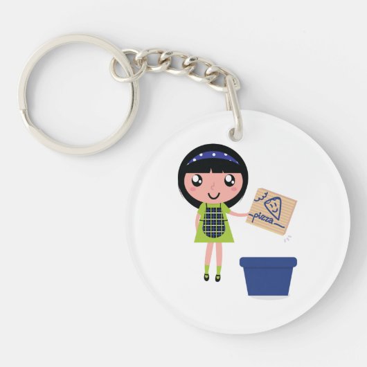 Meisje Recycling Pizza Box Fun Eco-vriendelijk Sleutelhanger (Voorkant)