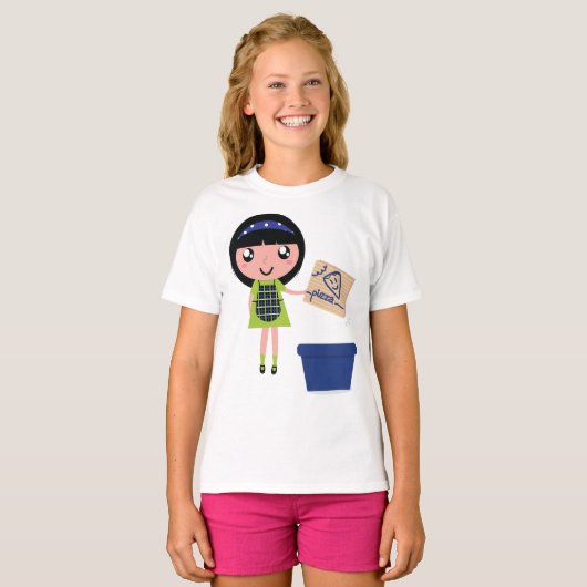 Meisje Recycling Pizza Box Fun Eco-vriendelijk T-shirt (Voorkant volledig)