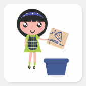 Meisje Recycling Pizza Box Fun Eco-vriendelijk Vierkante Sticker (Voorkant)