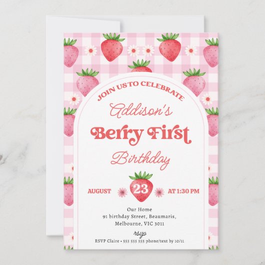 Meisje Red Daisy Strawberry Berry Sweet 1e verjaar Kaart (Voorkant)