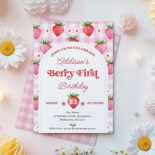 Meisje Red Daisy Strawberry Berry Sweet 1e verjaar Kaart