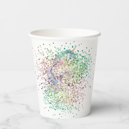 Meisje regenboog glitter magische eenhoorn verjaar papieren bekers (Achterkant)
