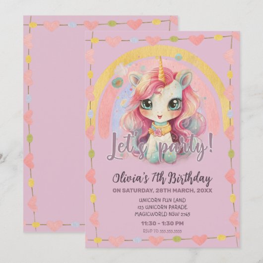 Meisje regenboog pastel Lila Kawaii eenhoorn Verja Kaart (Voorkant / Achterkant)