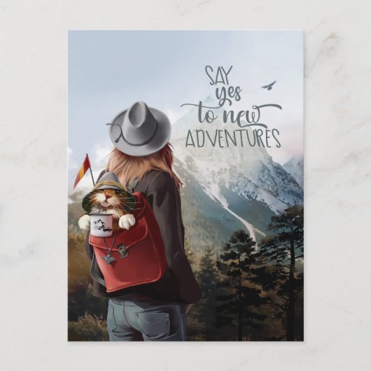 Meisje reist met een kat in een rugzak briefkaart (Voorkant)