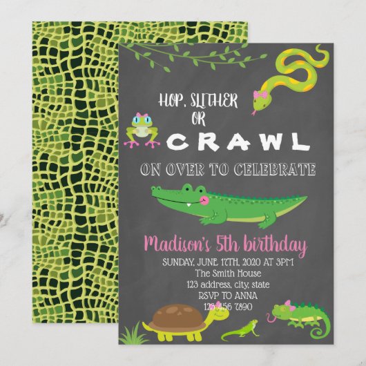 Meisje reptiel verjaardagsfeestje uitnodiging (Voorkant / Achterkant)