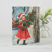  Meisje Retro Sneeuw Kerstkaarten Feestdagenkaart (Staand voorkant)