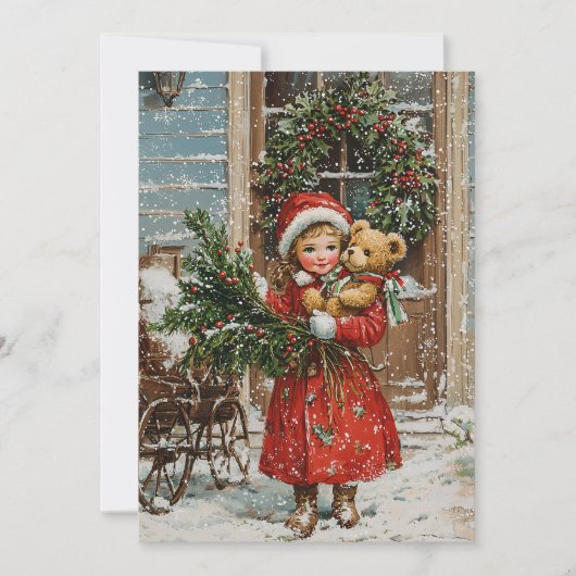  Meisje Retro Sneeuw Kerstkaarten Feestdagenkaart (Voorkant)