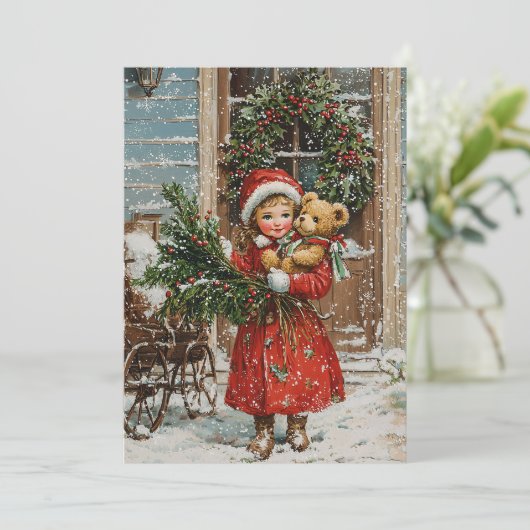  Meisje Retro Sneeuw Kerstkaarten Feestdagenkaart (Staand voorkant)