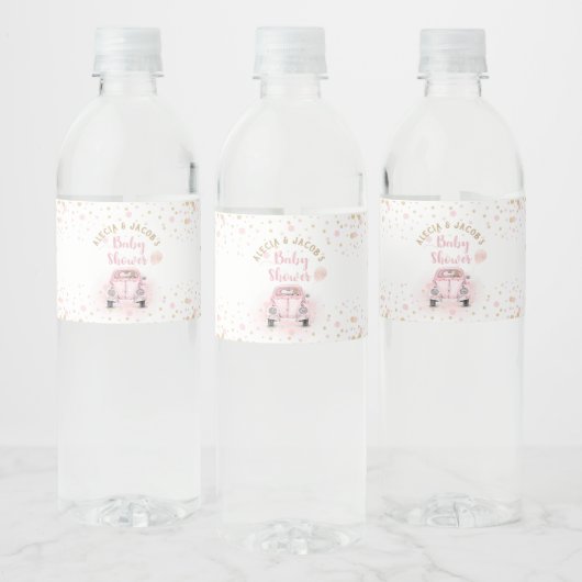 Meisje rijden door Baby shower roze gouden auto gu Waterfles Etiket (Flessen)