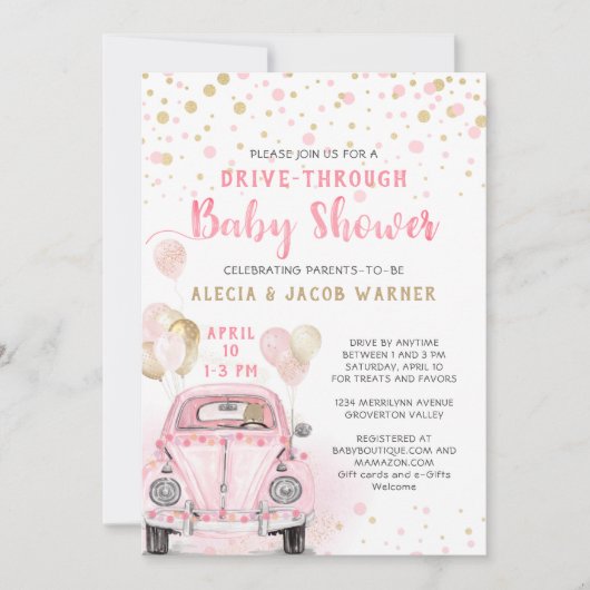 Meisje rijden door Baby shower roze gouden auto Kaart (Voorkant)
