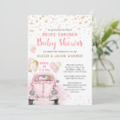 Meisje rijden door Baby shower roze gouden auto Kaart (Staand voorkant)