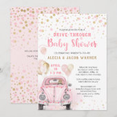 Meisje rijden door Baby shower roze gouden auto Kaart (Voorkant / Achterkant)
