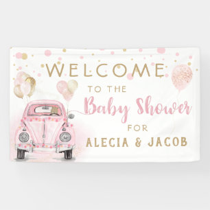 Meisje rijden door Baby shower roze gouden auto Spandoek