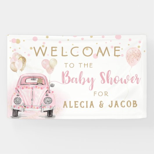 Meisje rijden door Baby shower roze gouden auto Spandoek (Horizontaal)