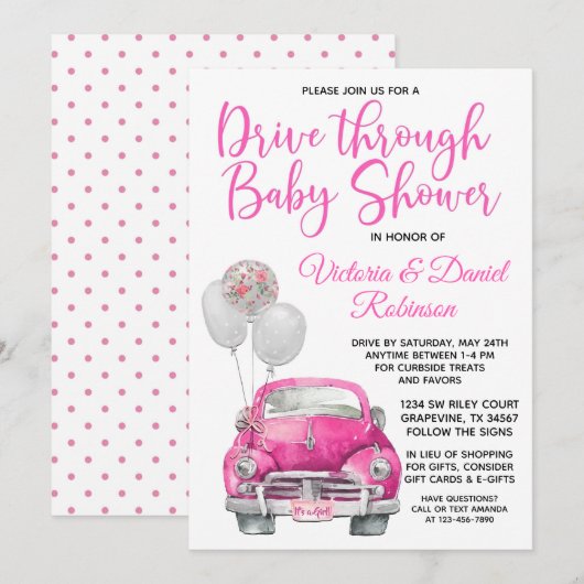 Meisje rijdt door Baby shower auto Kaart (Voorkant / Achterkant)
