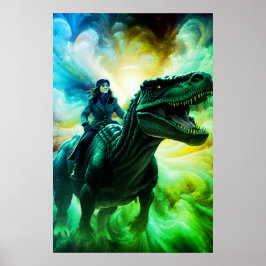 Meisje rijdt op dinosaurus voor volwassenen + kind poster